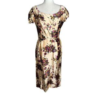 Vintage 50s Jeanette Alexander Of California Floral Satin Dress Small Cream Zip